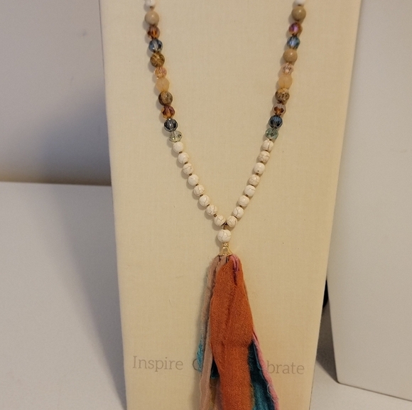Howlite and Glass Fauceted Bead with Fabric Tassel Pendant Necklace - Picture 2 of 8